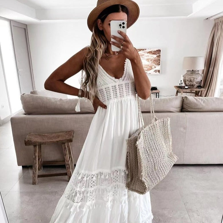 White Crochet Bohemian Dress